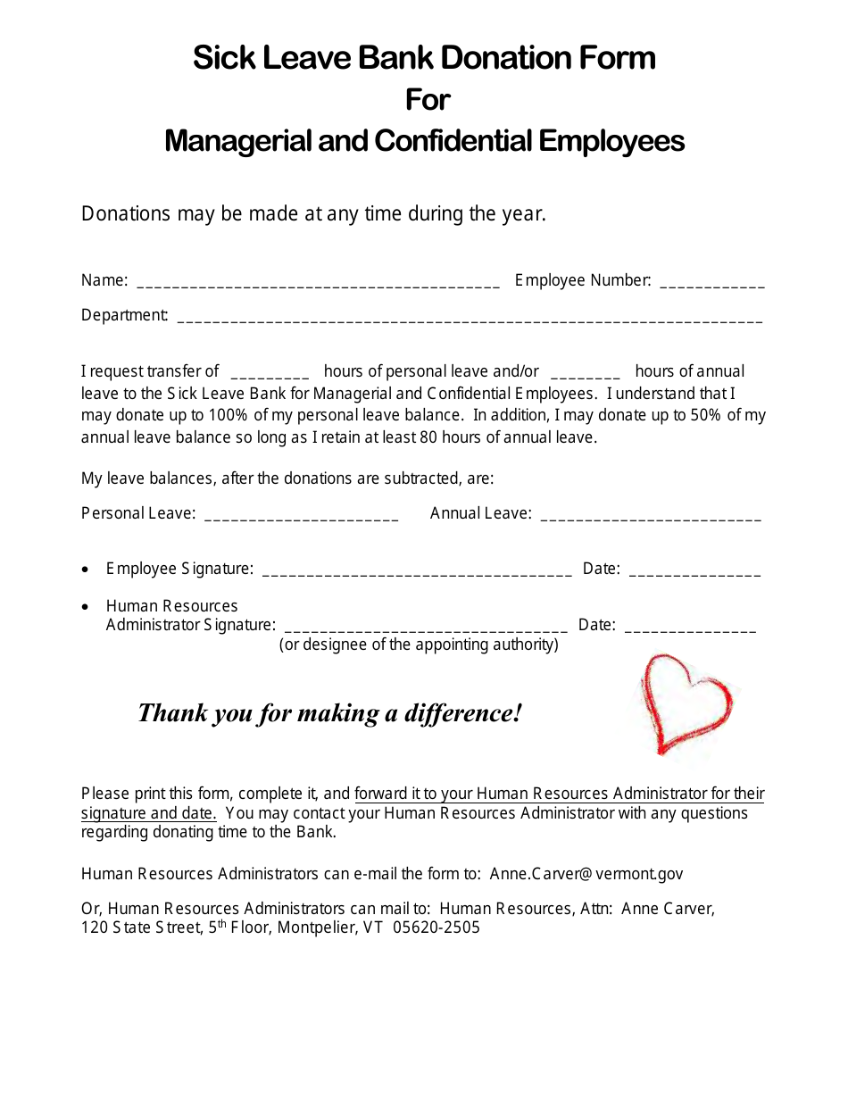 Sick Leave Bank Donation Form for Managerial and Confidential Employees - Vermont, Page 1
