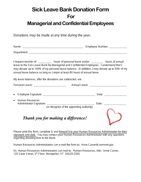 Sick Leave Bank Donation Form for Managerial and Confidential Employees - Vermont
