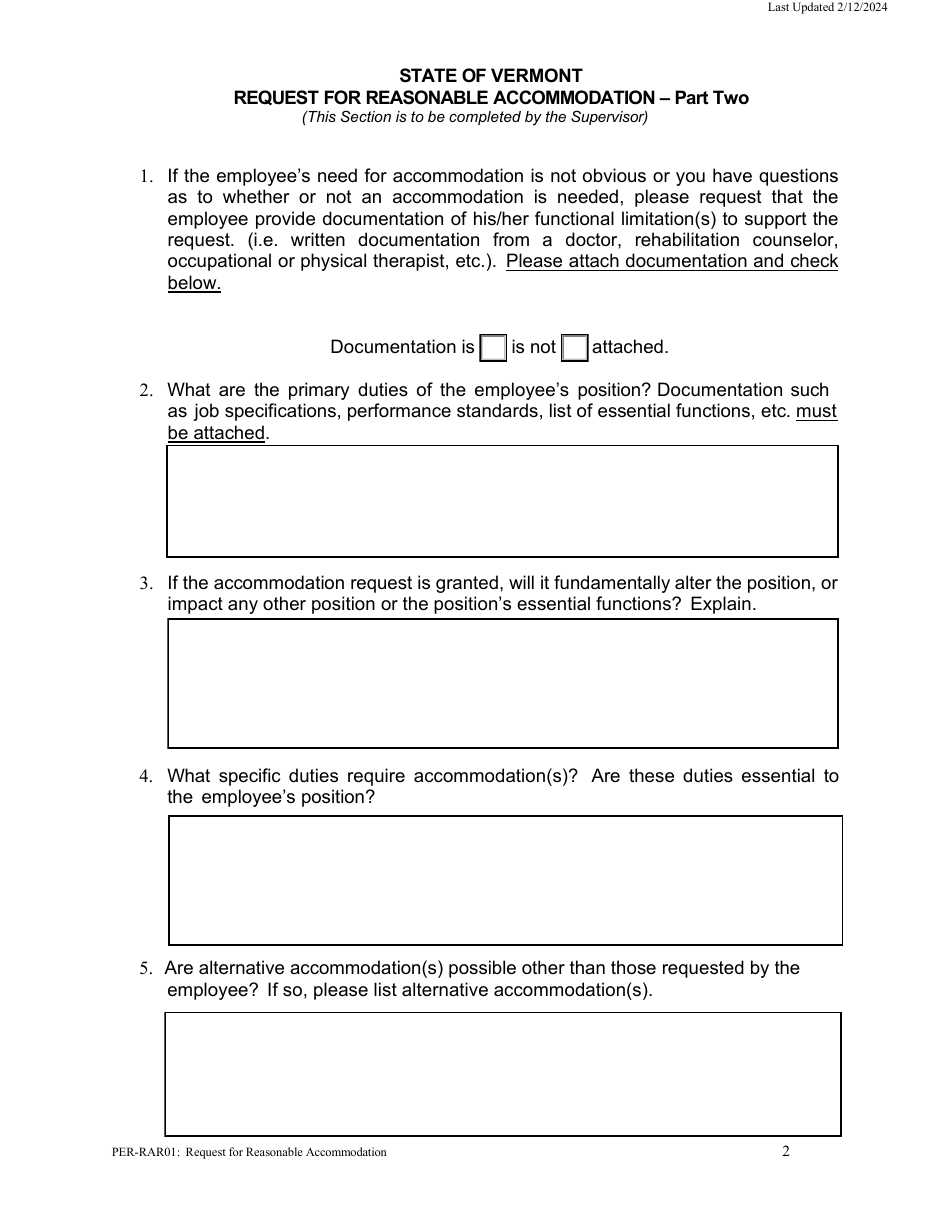 Form PER-RAR01 Request for Reasonable Accommodation - Vermont, Page 2