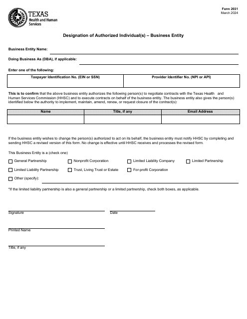 Form 2031 Designation of Authorized Individual(S) - Business Entity - Texas