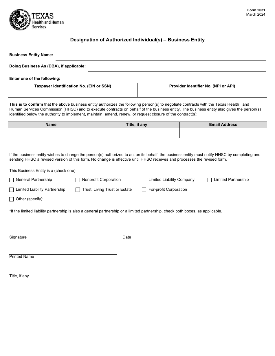 Form 2031 Designation of Authorized Individual(S) - Business Entity - Texas, Page 1