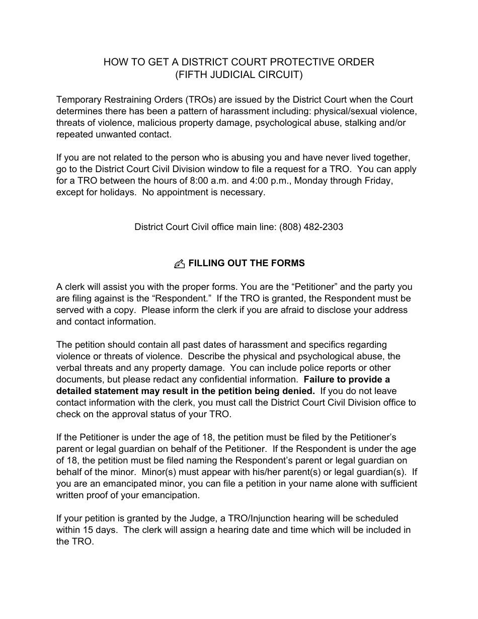 Form 5DC51 Petition for Ex Parte Temporary Restraining Order and for Injunction Against Harassment; Declaration of Petitioner; Temporary Restraining Order Against Harassment; and Notice of Hearing - Hawaii, Page 2