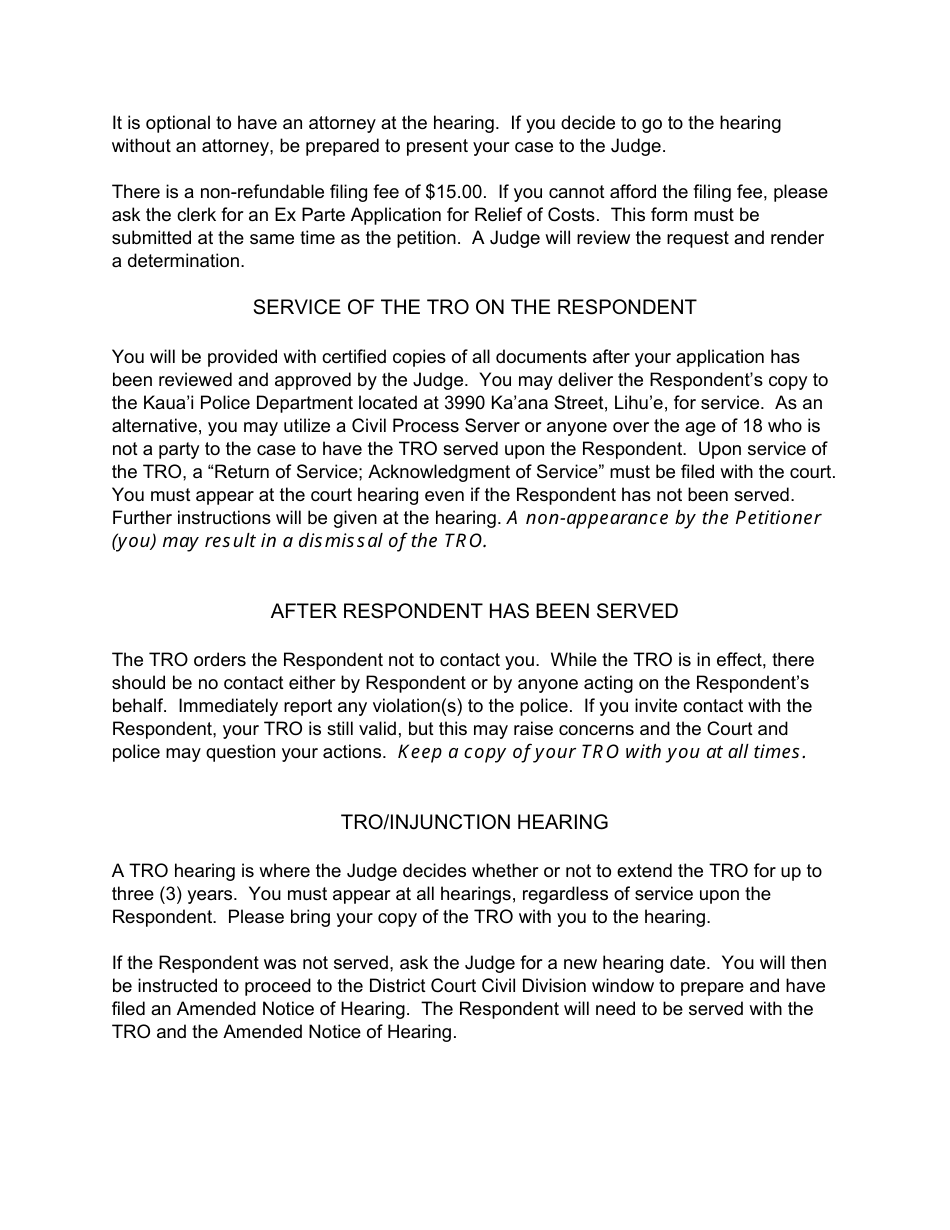 Form 5DC51 Petition for Ex Parte Temporary Restraining Order and for Injunction Against Harassment; Declaration of Petitioner; Temporary Restraining Order Against Harassment; and Notice of Hearing - Hawaii, Page 3