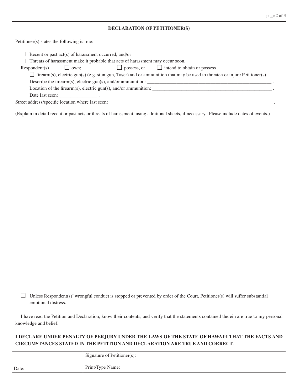 Form 5DC51 Petition for Ex Parte Temporary Restraining Order and for Injunction Against Harassment; Declaration of Petitioner; Temporary Restraining Order Against Harassment; and Notice of Hearing - Hawaii, Page 6