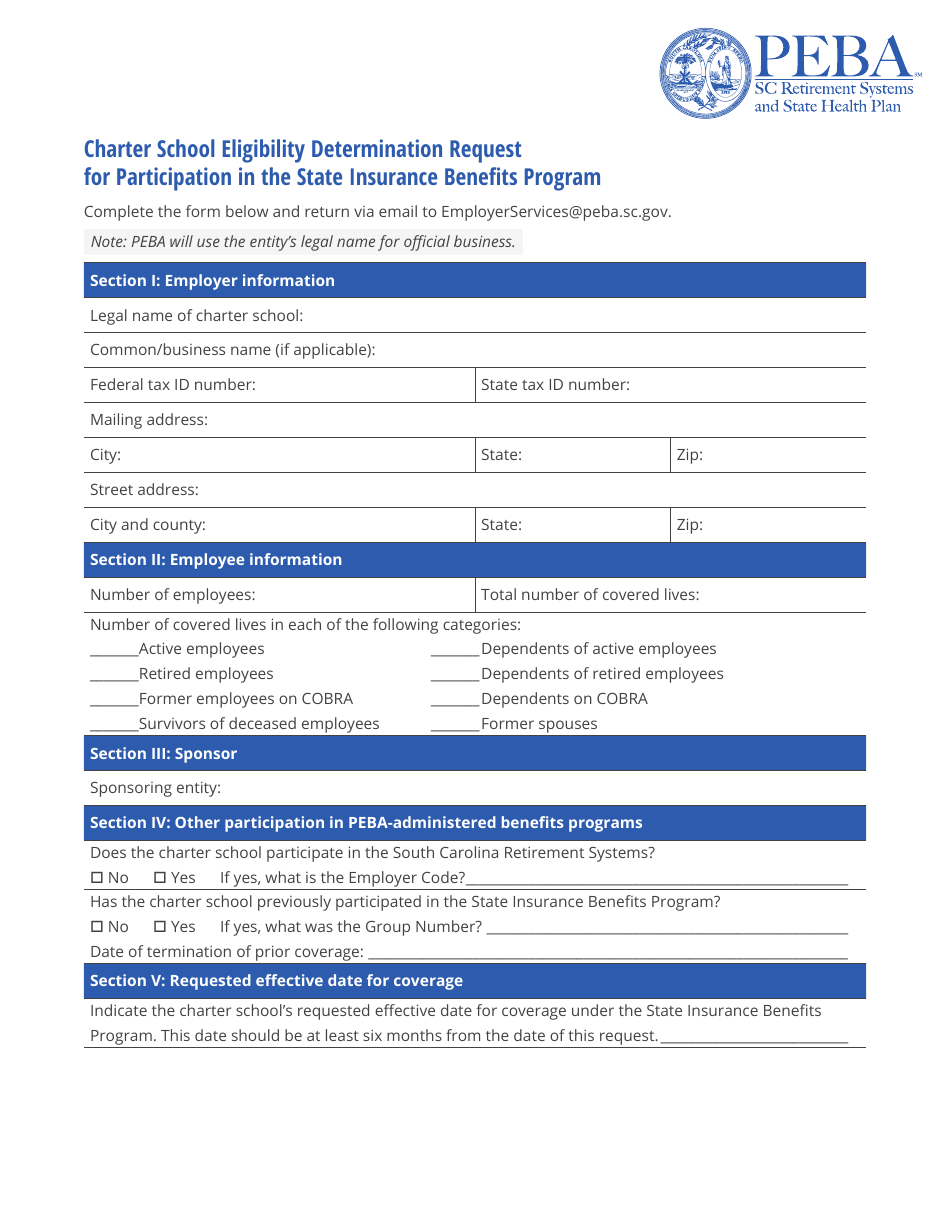 Charter School Eligibility Determination Request for Participation in the State Insurance Benefits Program - South Carolina, Page 1