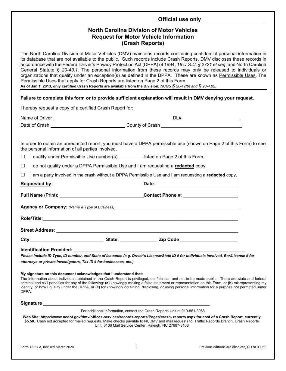Form TR-67 A Request for Motor Vehicle Information (Crash Reports) - North Carolina, Page 1