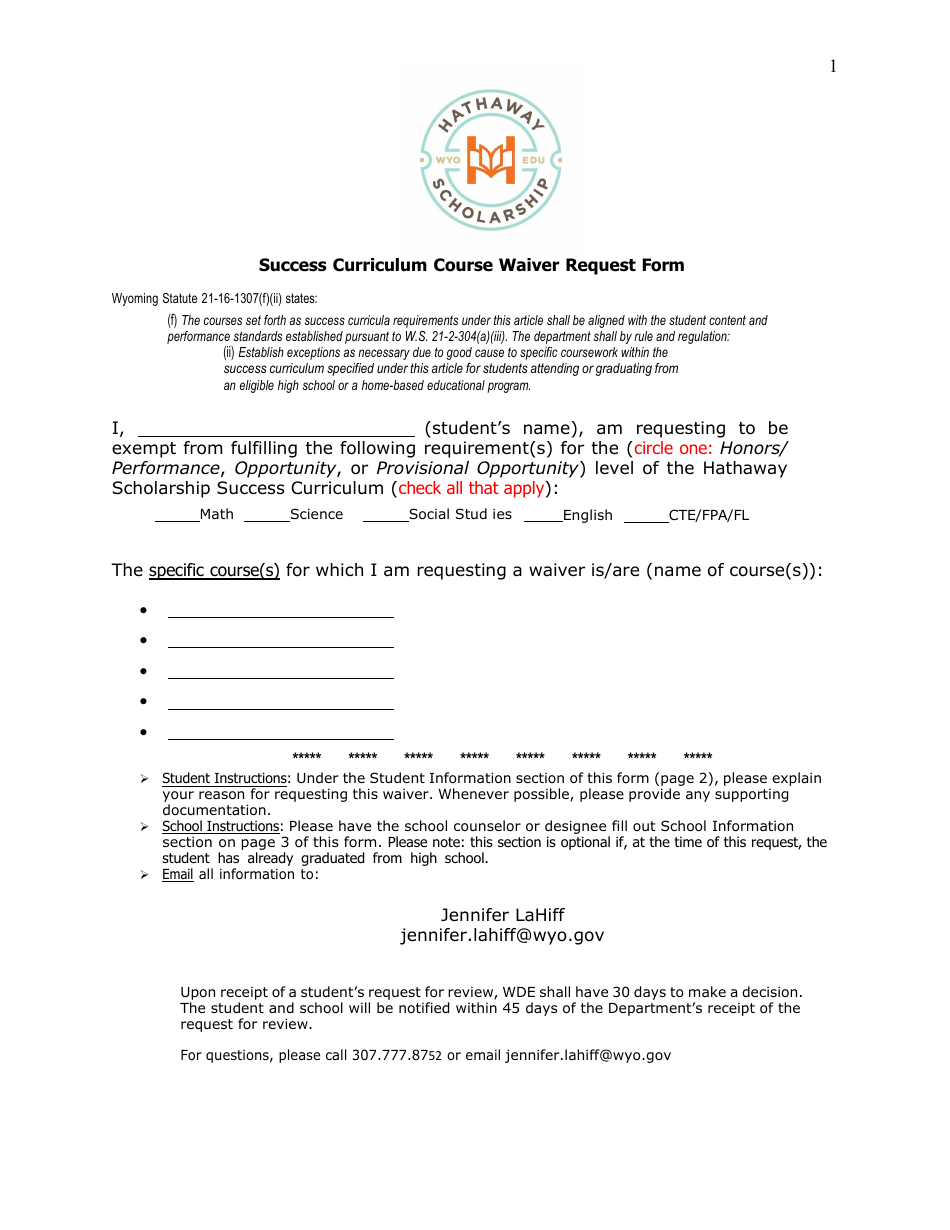 Success Curriculum Course Waiver Request Form - Wyoming, Page 1