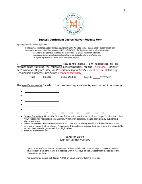 Success Curriculum Course Waiver Request Form - Wyoming Download Pdf