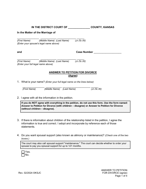 Answer to Petition for Divorce (Agree) - Kansas Download Pdf