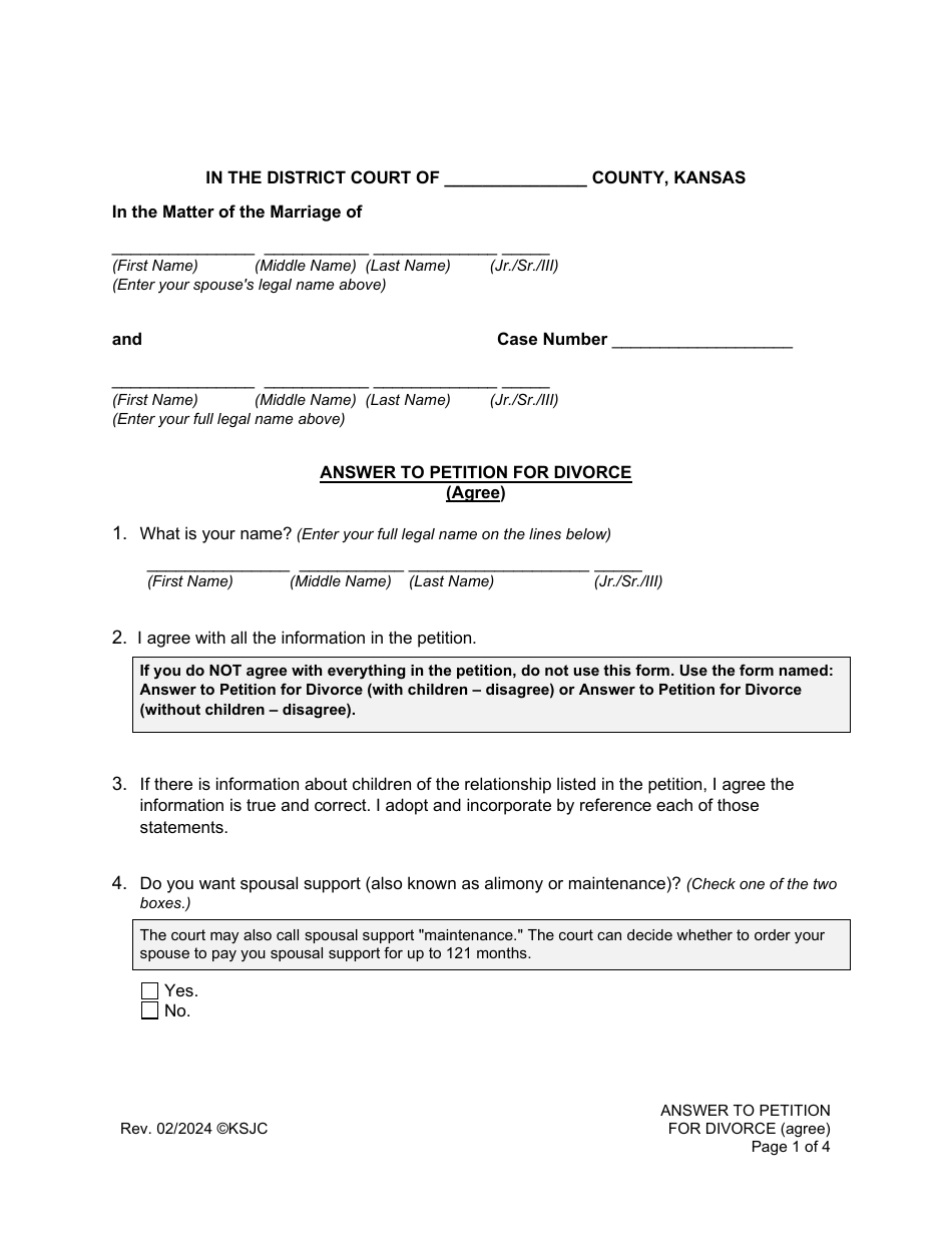 Answer to Petition for Divorce (Agree) - Kansas, Page 1