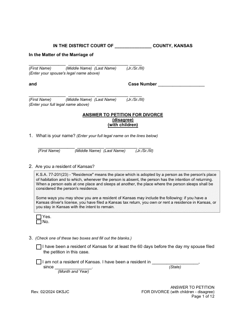 Answer to Petition for Divorce (Disagree) (With Children) - Kansas Download Pdf