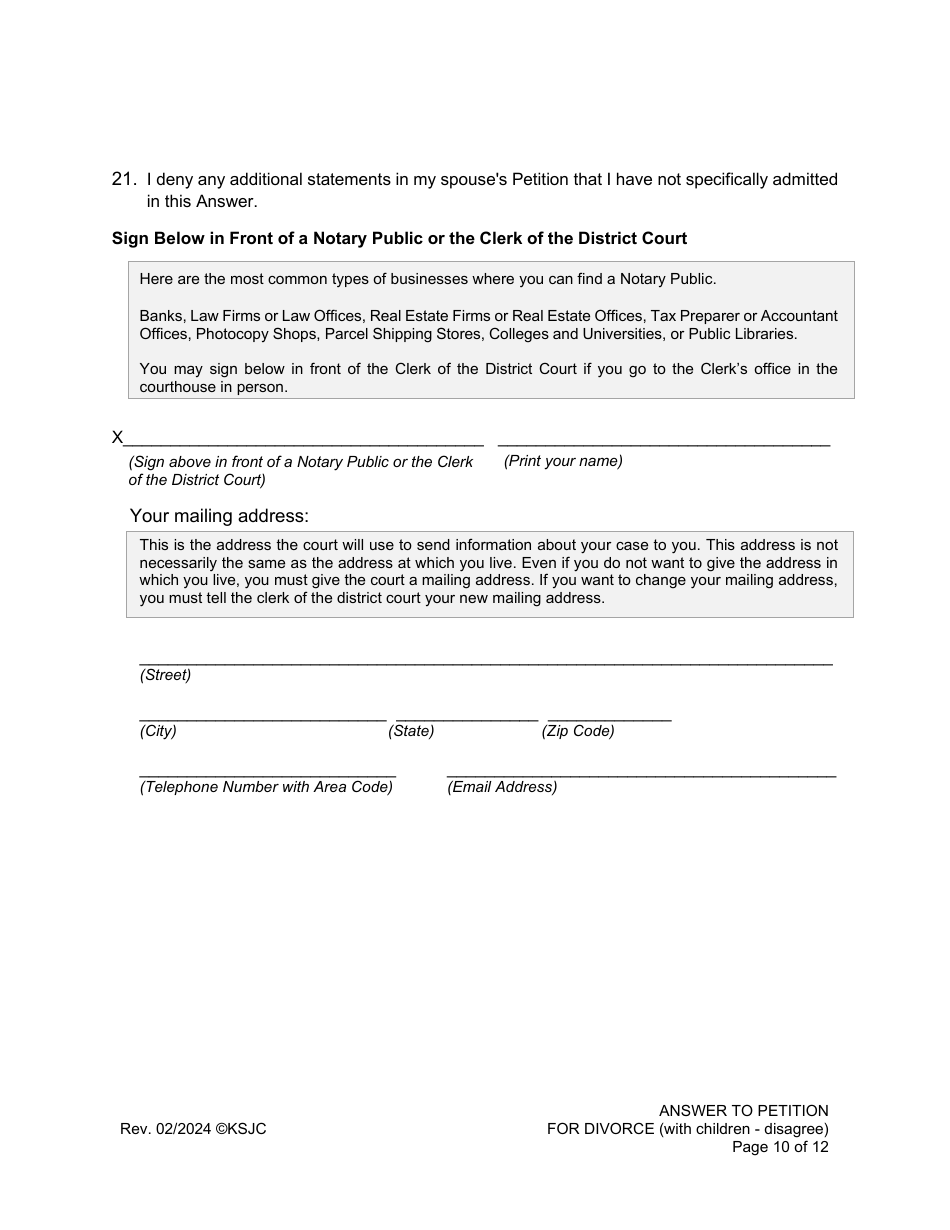 Answer to Petition for Divorce (Disagree) (With Children) - Kansas, Page 10