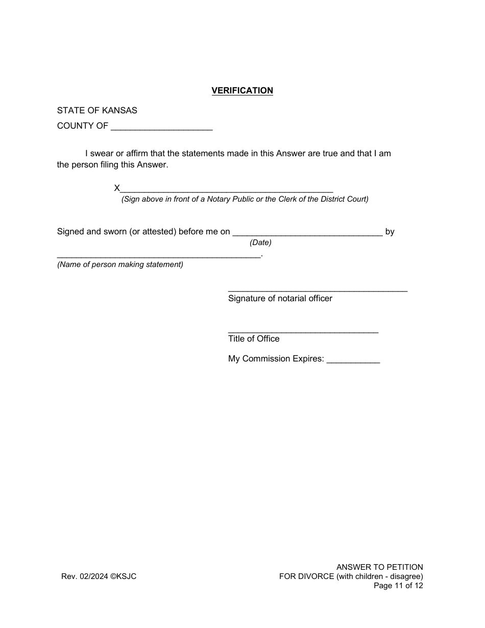 Answer to Petition for Divorce (Disagree) (With Children) - Kansas, Page 11