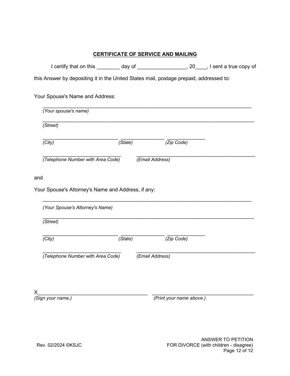 Answer to Petition for Divorce (Disagree) (With Children) - Kansas, Page 12