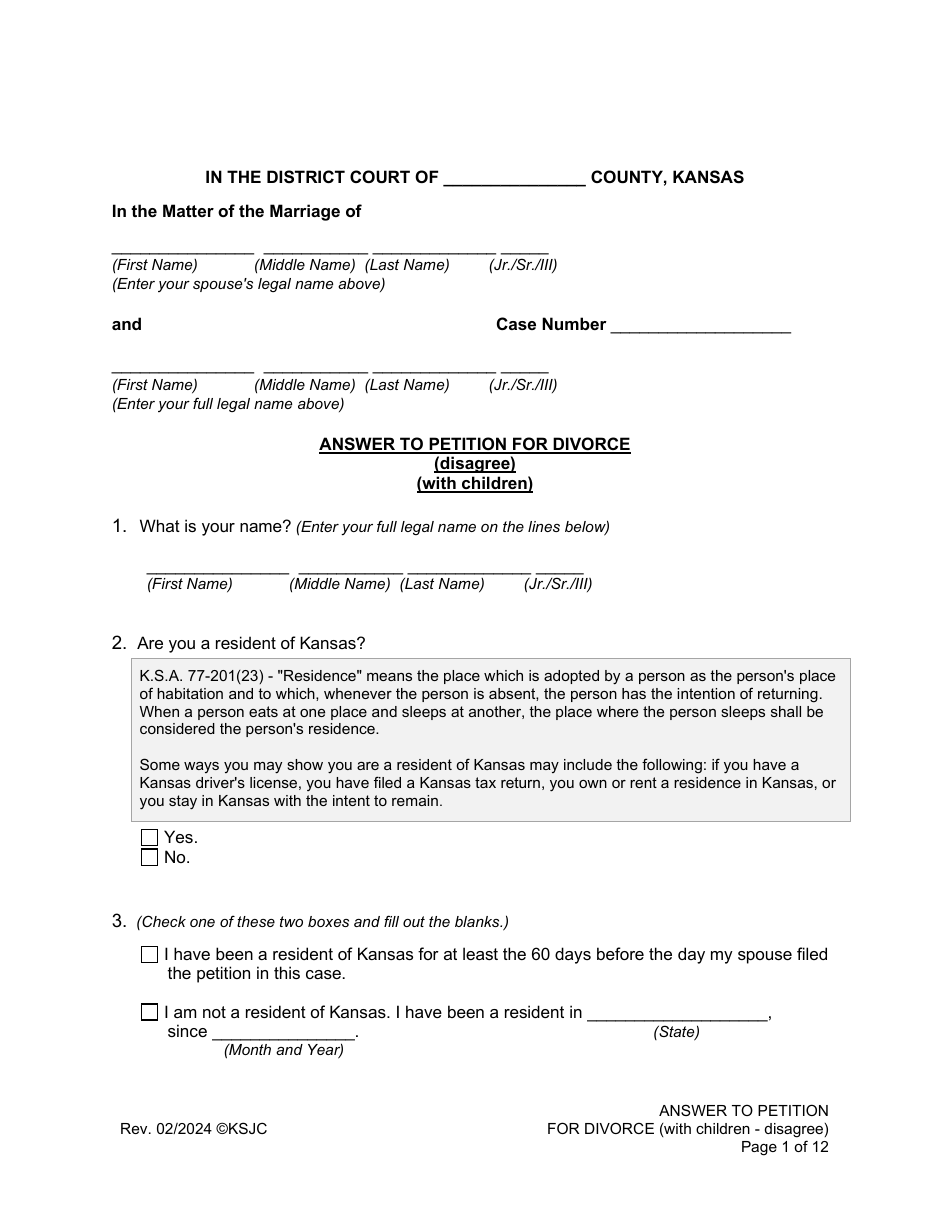 Answer to Petition for Divorce (Disagree) (With Children) - Kansas, Page 1