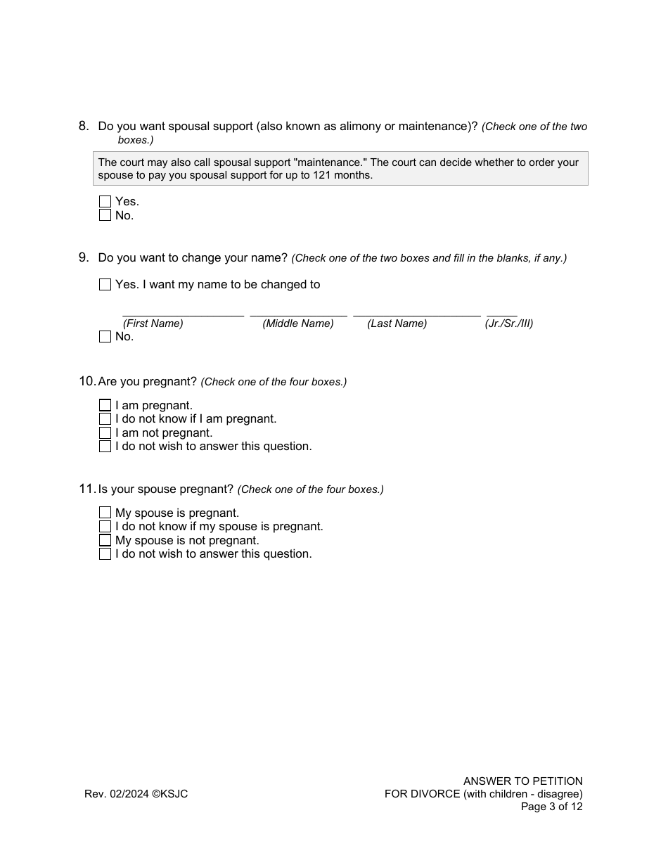 Answer to Petition for Divorce (Disagree) (With Children) - Kansas, Page 3