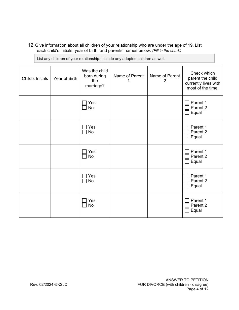Answer to Petition for Divorce (Disagree) (With Children) - Kansas, Page 4