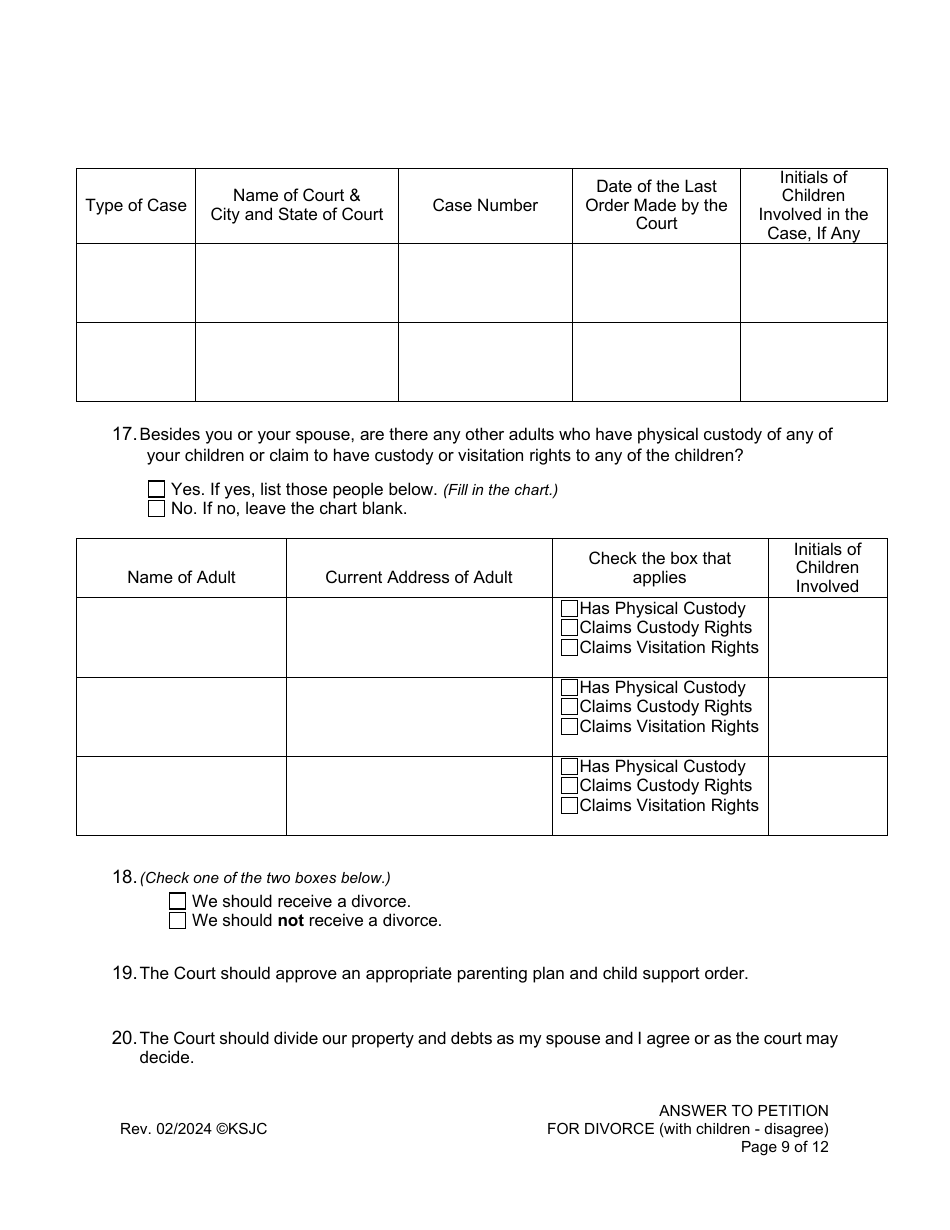 Answer to Petition for Divorce (Disagree) (With Children) - Kansas, Page 9