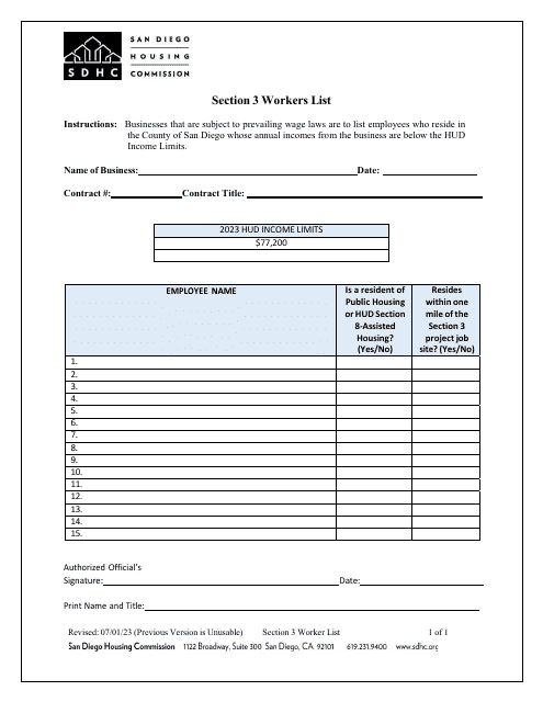 Section 3 Workers List - City of San Diego, California, 2023