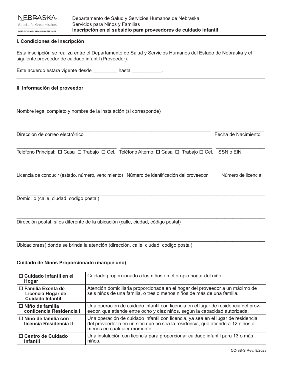 Formulario CC-9B-S Inscripcion En El Subsidio Para Proveedores De Cuidado Infantil - Nebraska (Spanish), Page 1