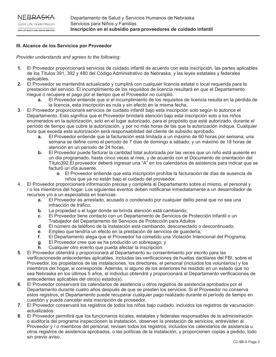 Formulario CC-9B-S Inscripcion En El Subsidio Para Proveedores De Cuidado Infantil - Nebraska (Spanish), Page 2