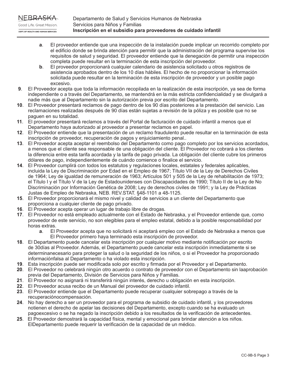 Formulario CC-9B-S Inscripcion En El Subsidio Para Proveedores De Cuidado Infantil - Nebraska (Spanish), Page 3