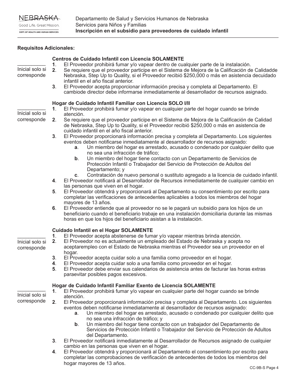 Formulario CC-9B-S Inscripcion En El Subsidio Para Proveedores De Cuidado Infantil - Nebraska (Spanish), Page 4