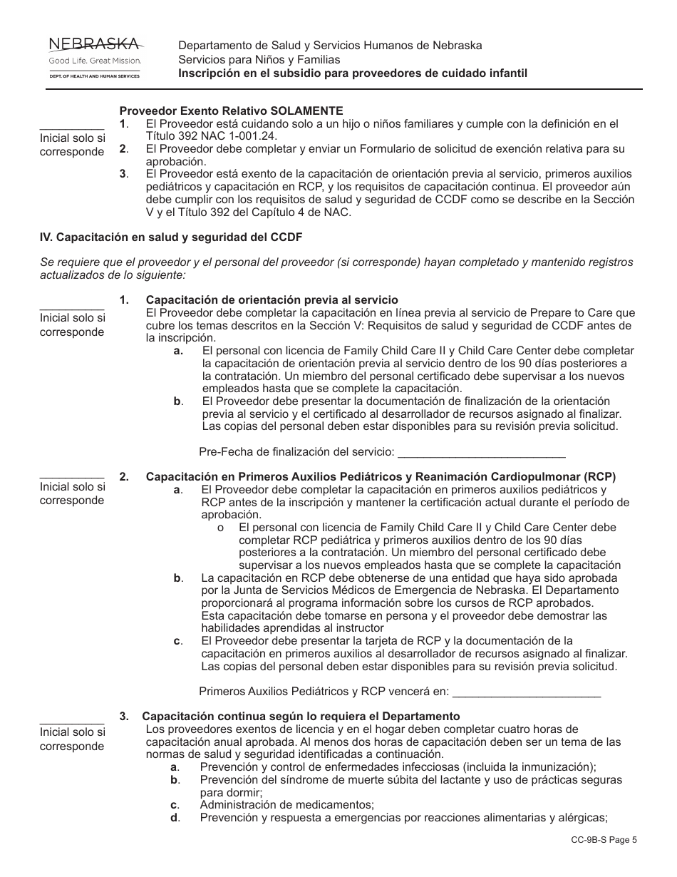 Formulario CC-9B-S Inscripcion En El Subsidio Para Proveedores De Cuidado Infantil - Nebraska (Spanish), Page 5