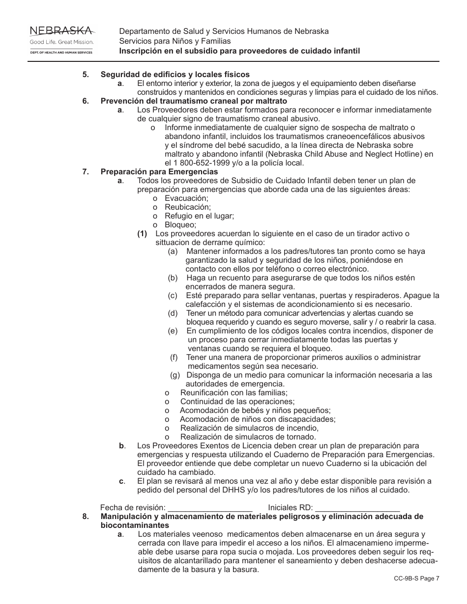 Formulario CC-9B-S Inscripcion En El Subsidio Para Proveedores De Cuidado Infantil - Nebraska (Spanish), Page 7