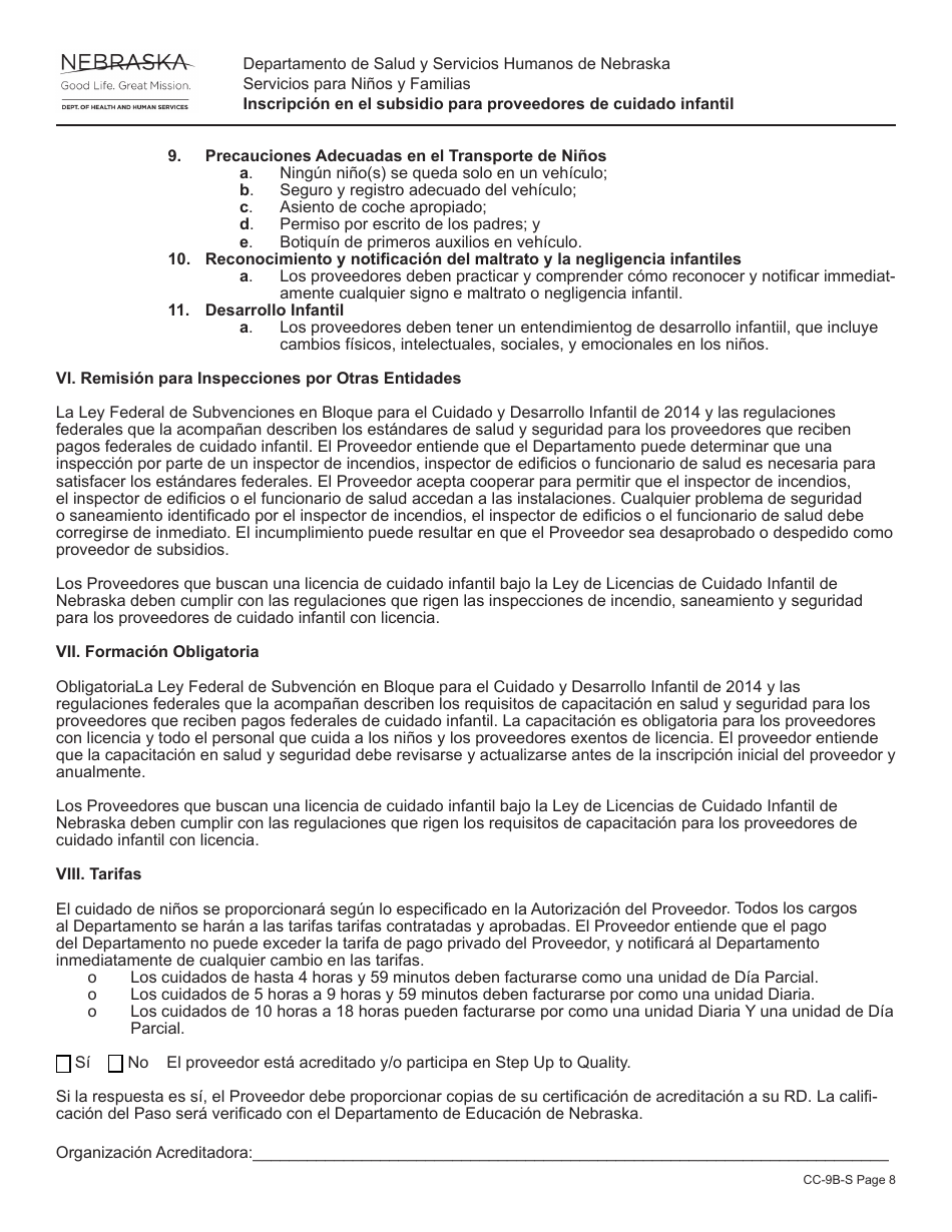 Formulario CC-9B-S Inscripcion En El Subsidio Para Proveedores De Cuidado Infantil - Nebraska (Spanish), Page 8