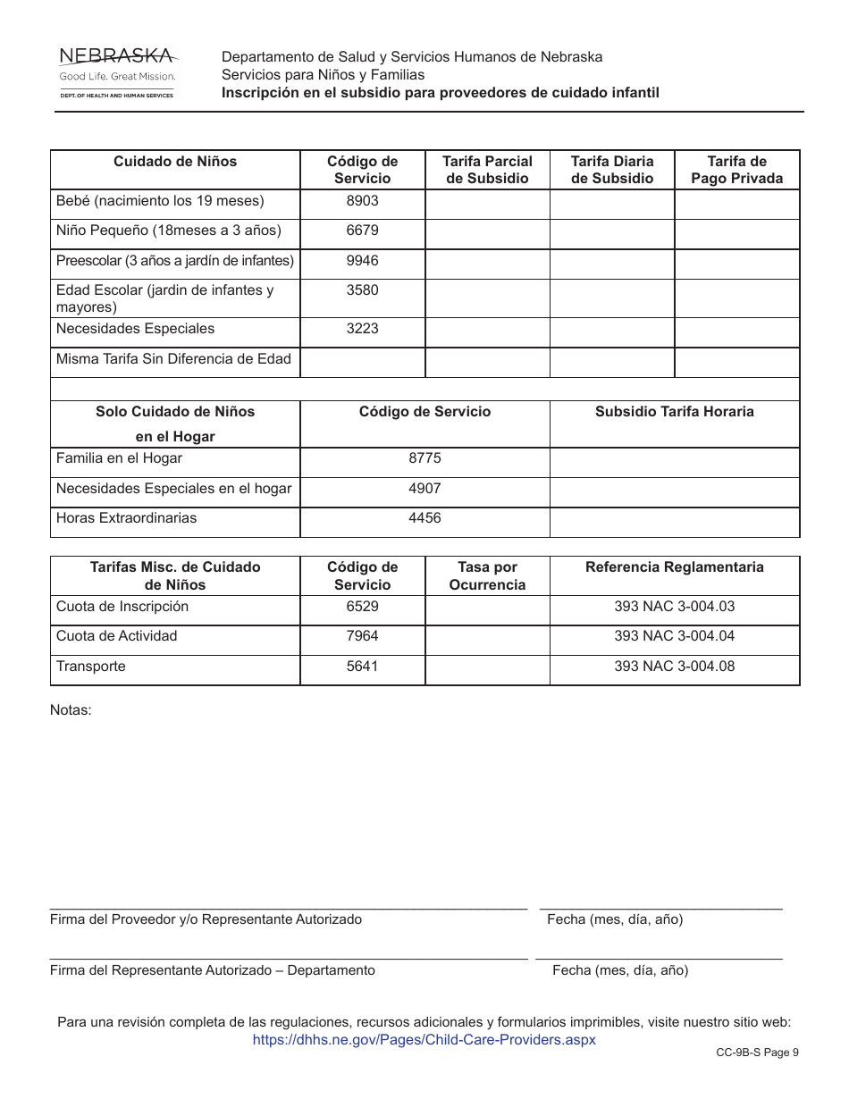 Formulario CC-9B-S Inscripcion En El Subsidio Para Proveedores De Cuidado Infantil - Nebraska (Spanish), Page 9