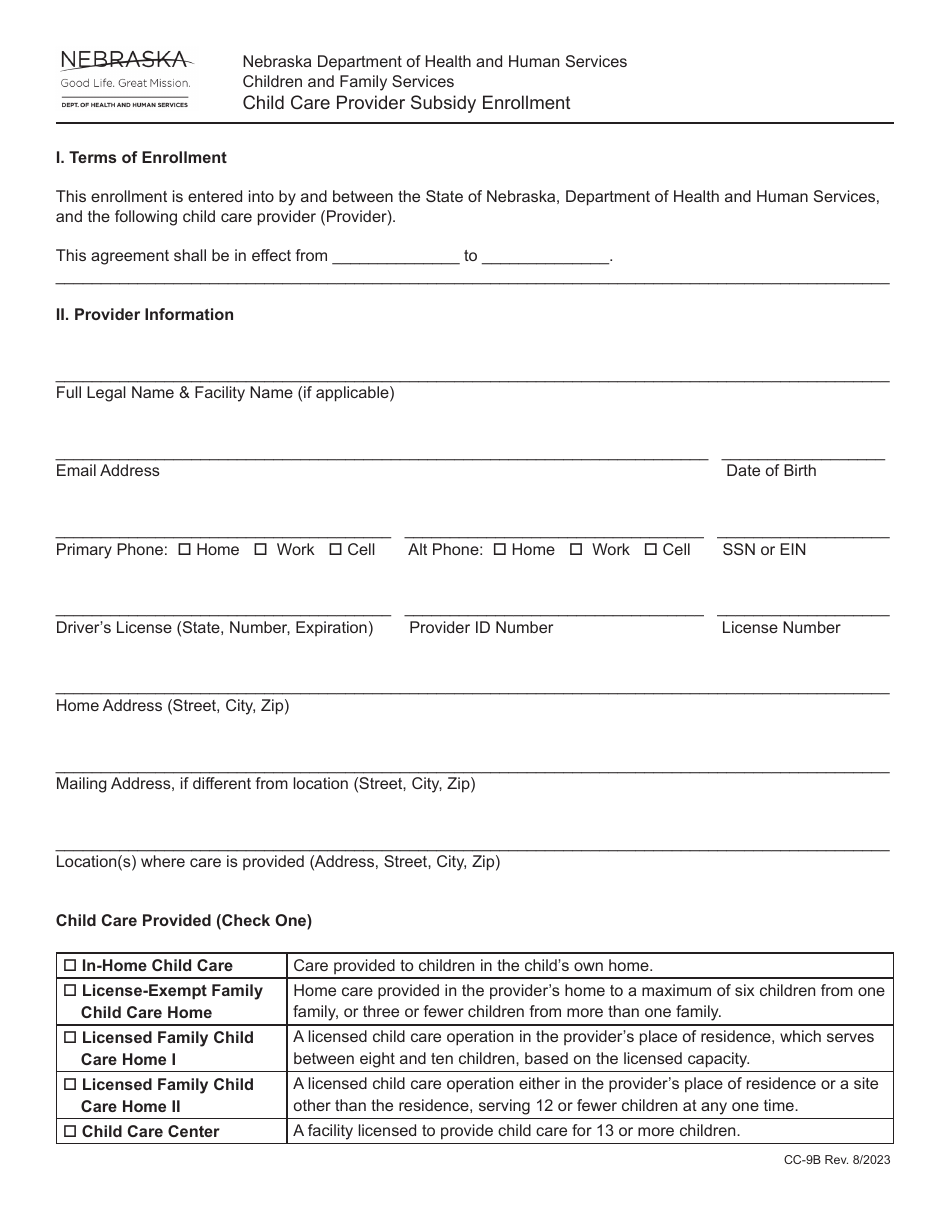 Form CC-9B Child Care Provider Subsidy Enrollment - Nebraska, Page 1