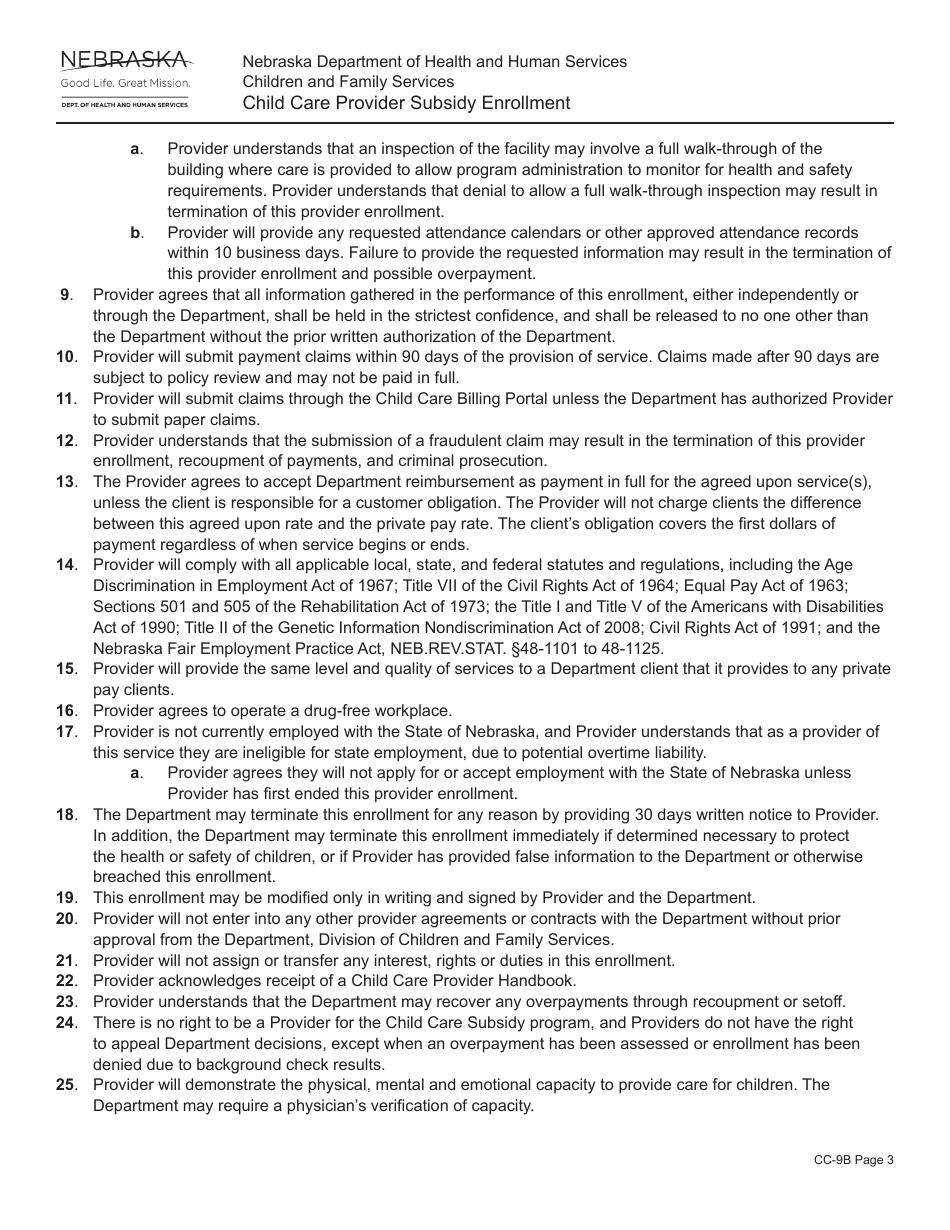 Form CC-9B Child Care Provider Subsidy Enrollment - Nebraska, Page 3