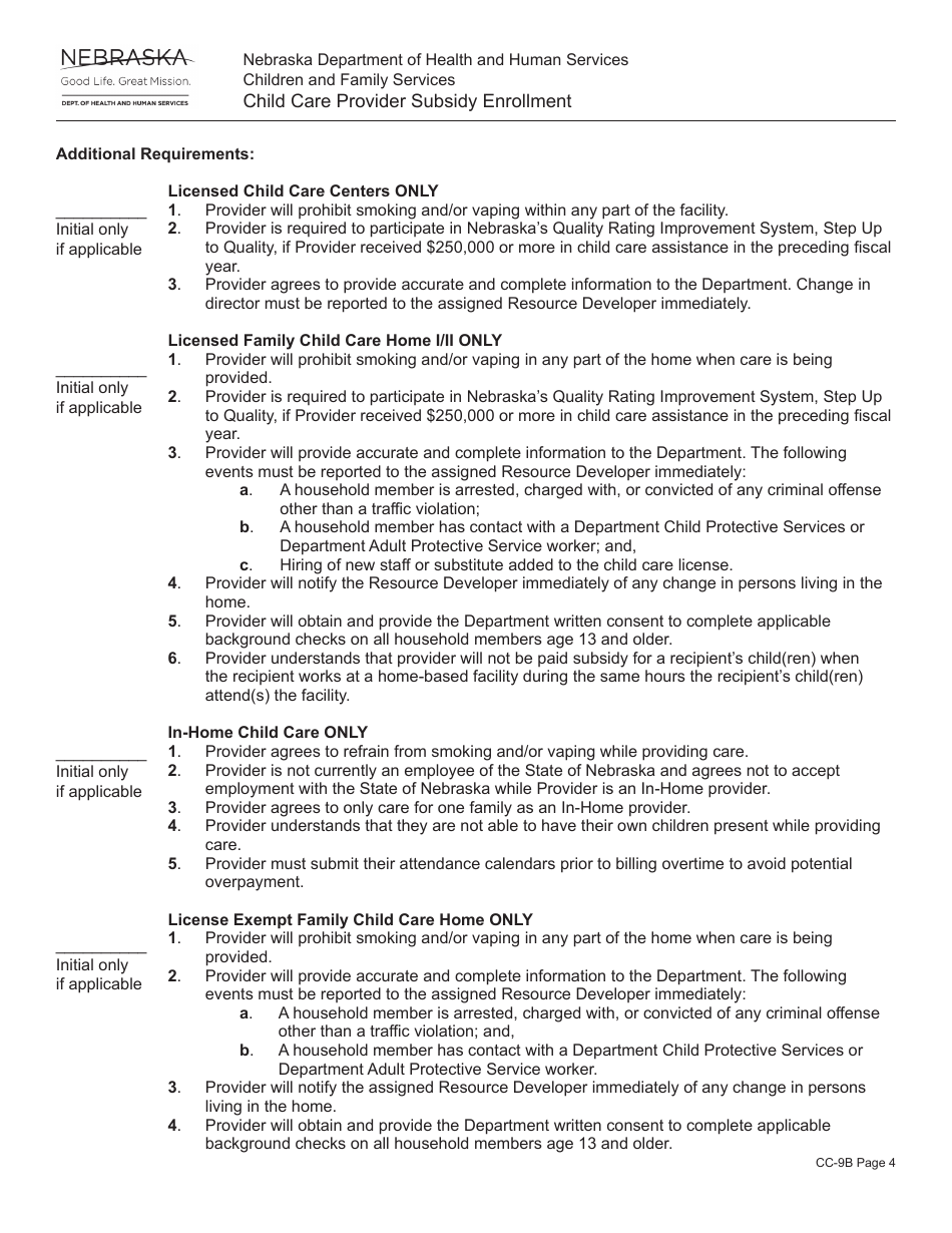 Form CC-9B Child Care Provider Subsidy Enrollment - Nebraska, Page 4
