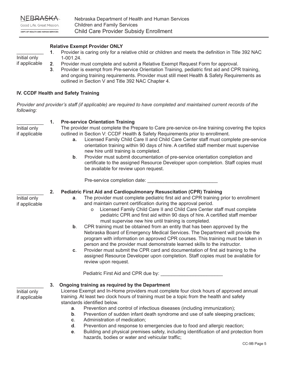 Form CC-9B Child Care Provider Subsidy Enrollment - Nebraska, Page 5