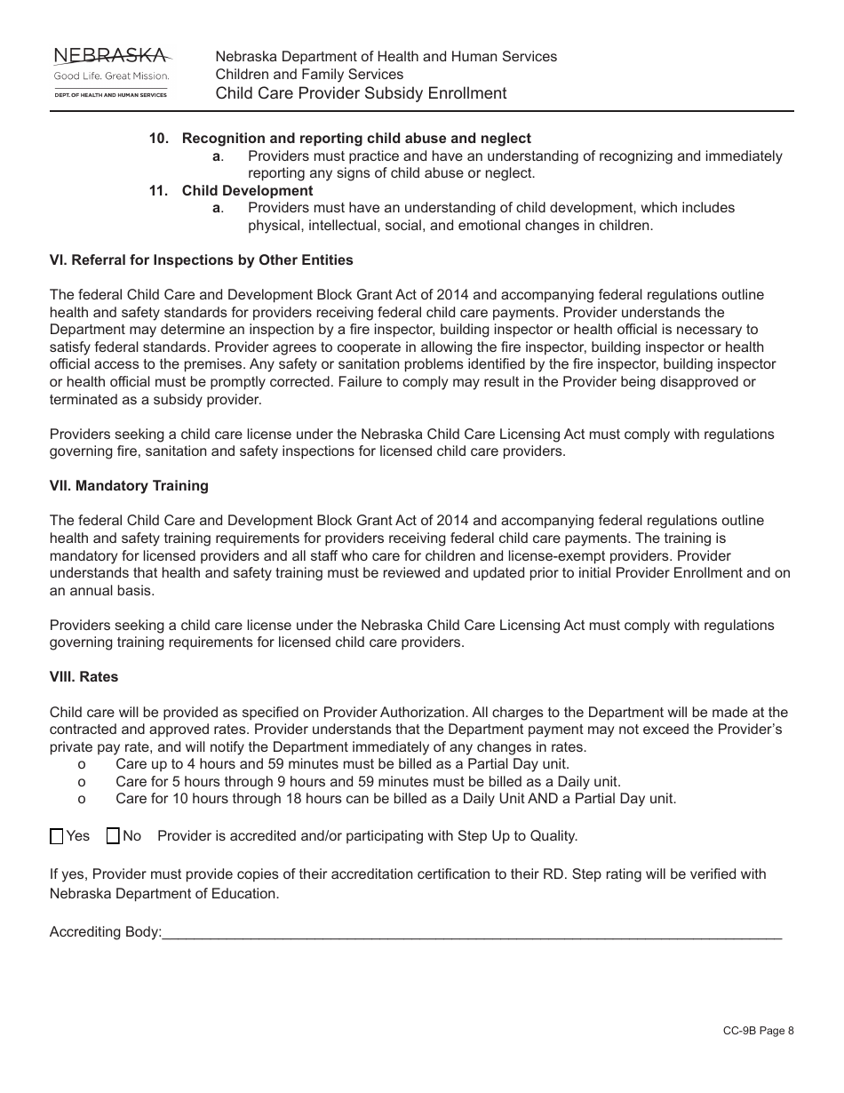 Form CC-9B Child Care Provider Subsidy Enrollment - Nebraska, Page 8