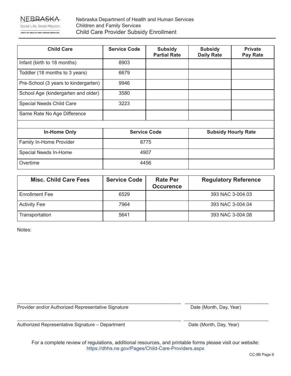 Form CC-9B Child Care Provider Subsidy Enrollment - Nebraska, Page 9