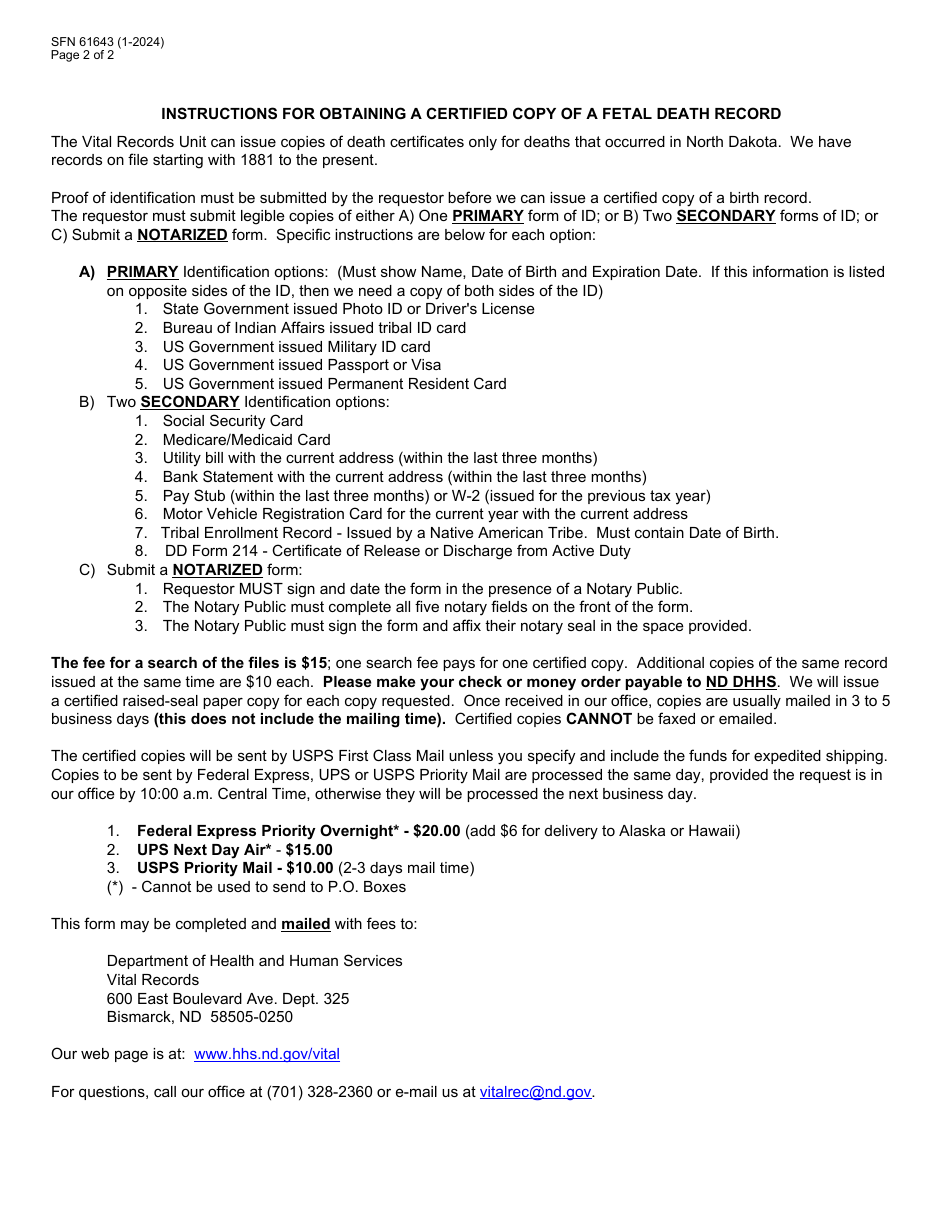 Form SFN61643 Request for Certified Copy of a Fetal Death Record - North Dakota, Page 2