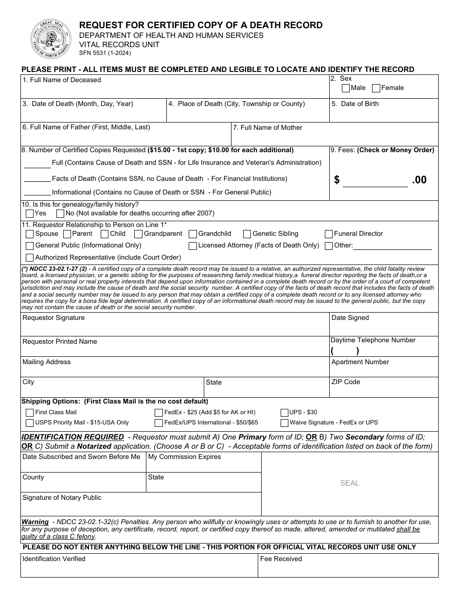 Form SFN5531 Request for Certified Copy of a Death Record - North Dakota, Page 1