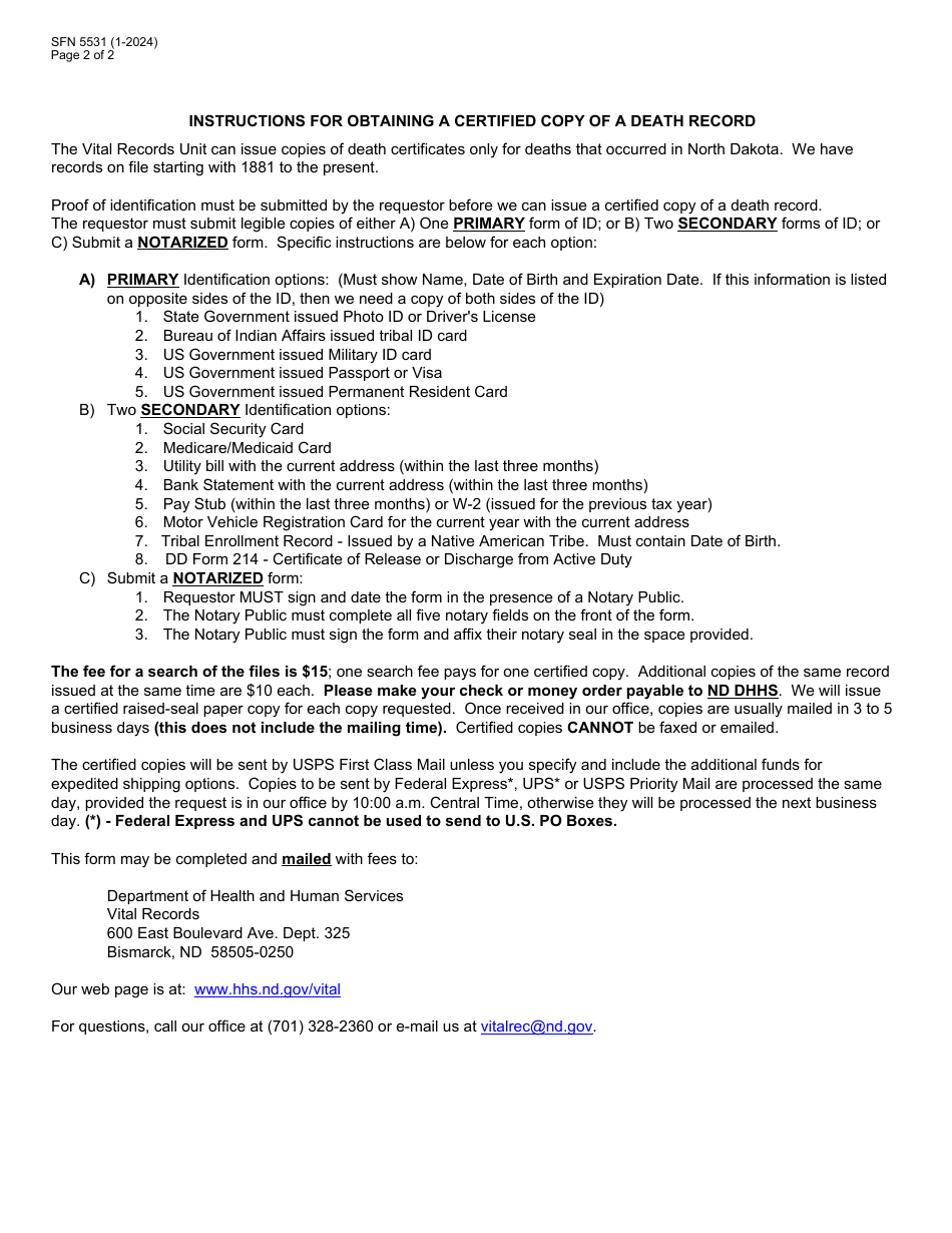 Form SFN5531 Request for Certified Copy of a Death Record - North Dakota, Page 2