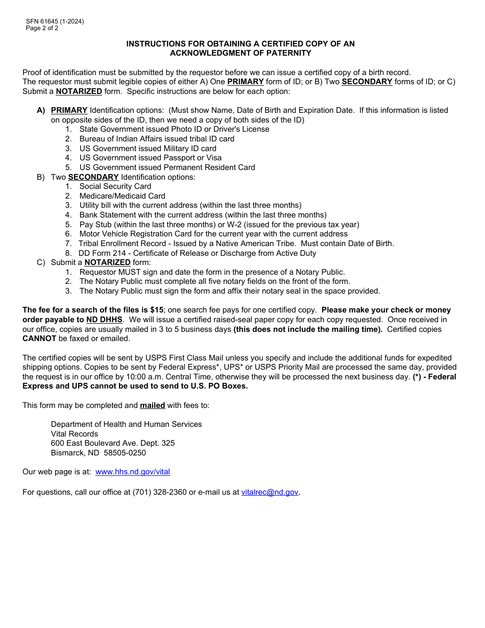 Form SFN61645 Request for Certified Copy of an Acknowledgment of Paternity - North Dakota, Page 2