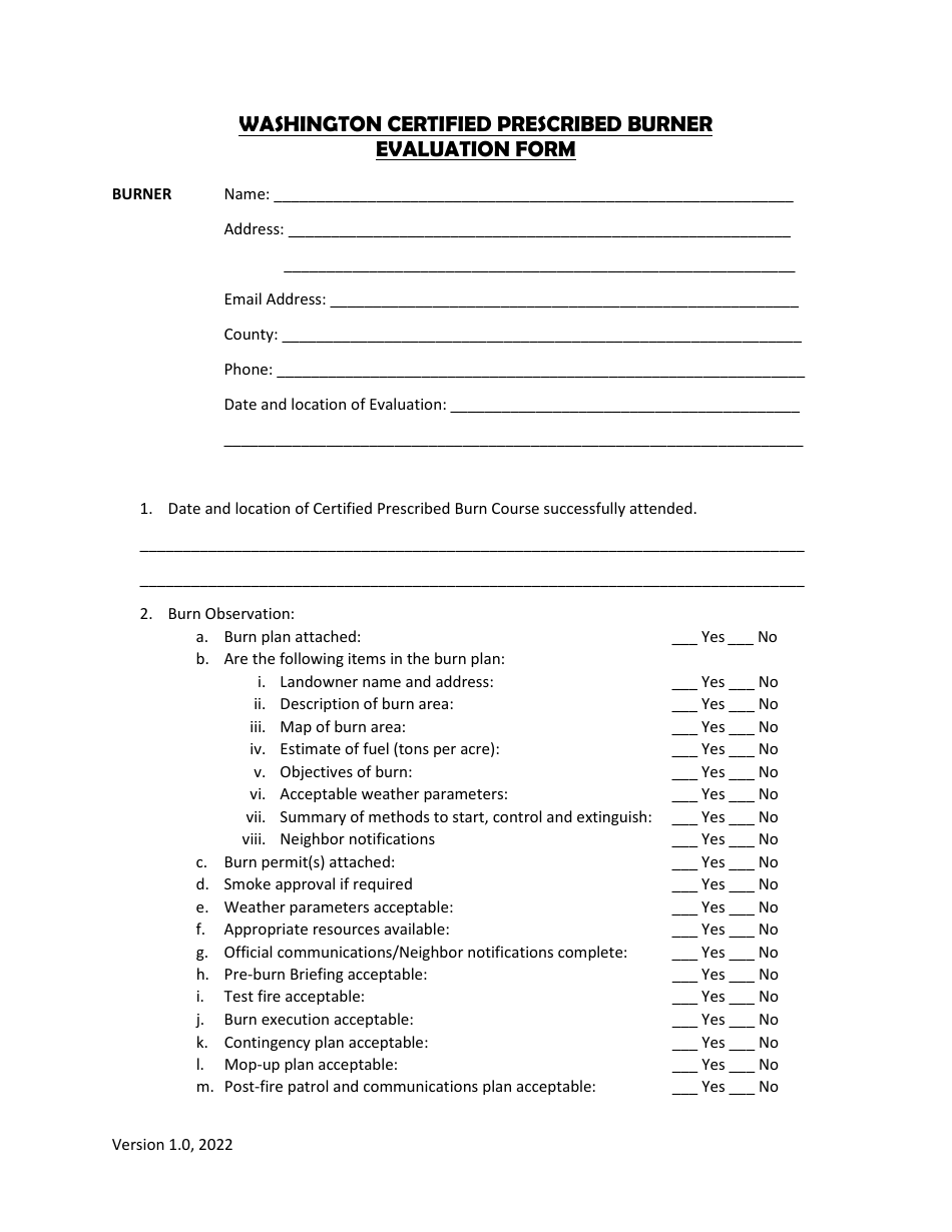 Washington Certified Prescribed Burner Evaluation Form - Washington, Page 1