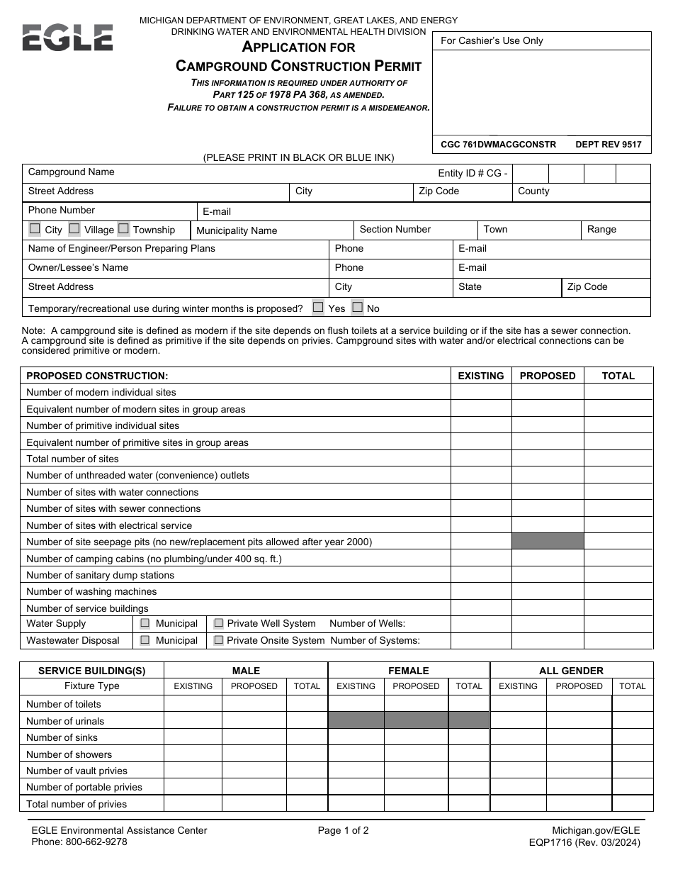 Form EQP1716 Application for Campground Construction Permit - Michigan, Page 1