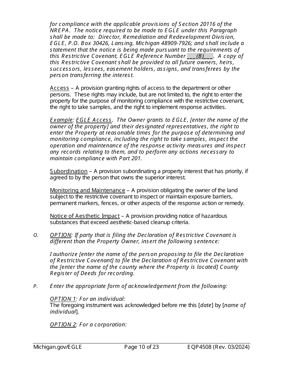 Form EQP4508 Declaration of Restrictive Covenant - Michigan, Page 10