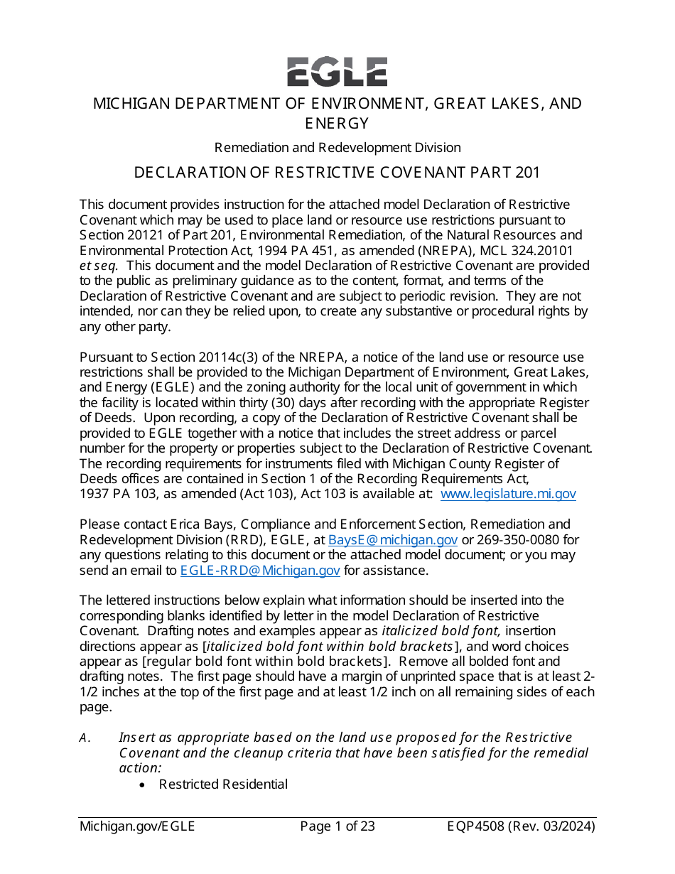 Form EQP4508 Declaration of Restrictive Covenant - Michigan, Page 1