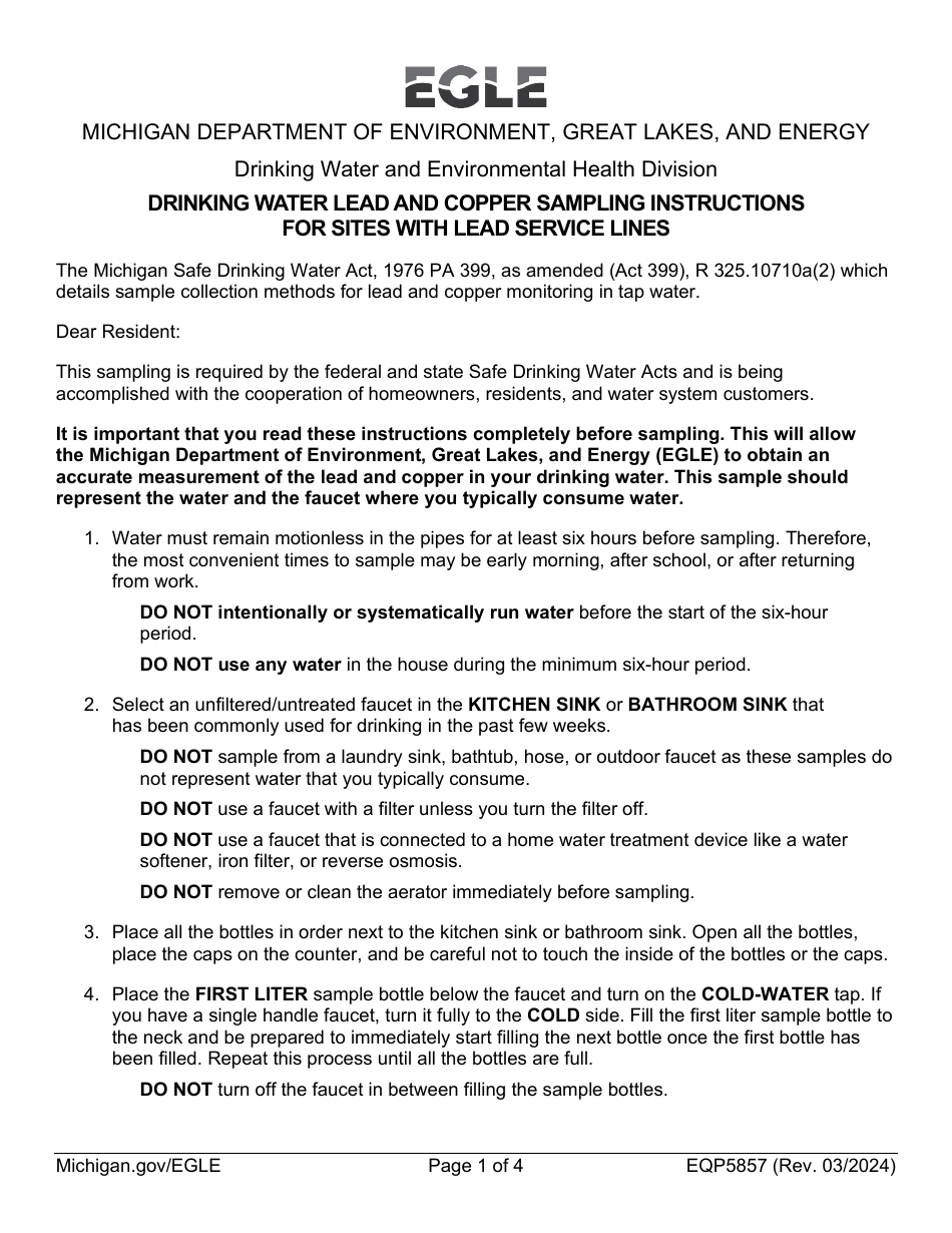 Form EQP5857 Drinking Water Lead and Copper Sampling Instructions for Sites With Lead Service Lines - Michigan, Page 1