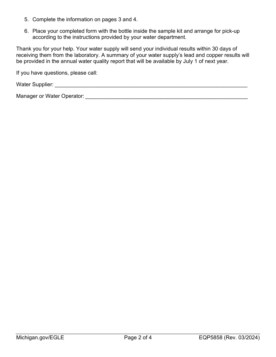 Form EQP5858 Drinking Water Lead and Copper Sampling for Sites Without Lead Service Lines - Michigan, Page 2