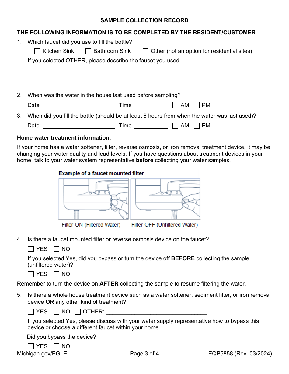Form EQP5858 Drinking Water Lead and Copper Sampling for Sites Without Lead Service Lines - Michigan, Page 3