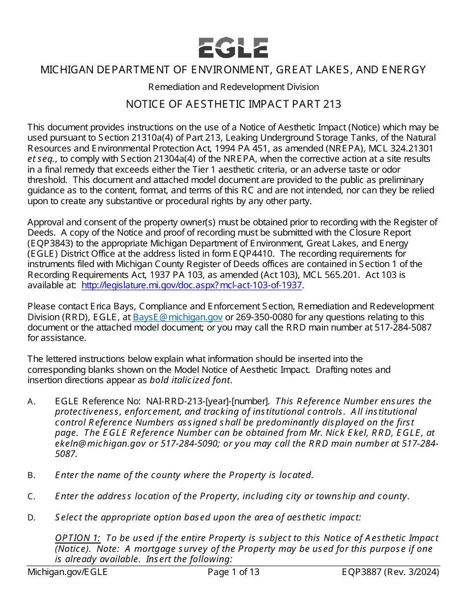 Form EQP3887 Notice of Aesthetic Impact Under Part 213 - Michigan, Page 1