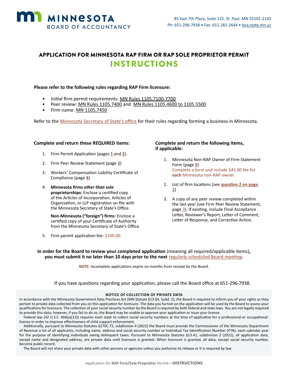 Application for Minnesota Rap Firm or Rap Sole Proprietor Permit - Minnesota, Page 1